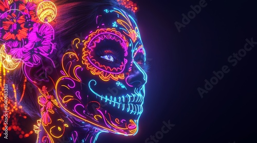 Neon Glow Sugar Skull Catrina - Vibrant DÃ­a de los Muertos Artwork in Pastel Colors