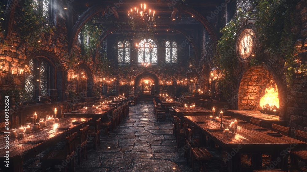 Obraz premium Cozy medieval tavern interior with warm lighting and wooden tables.
