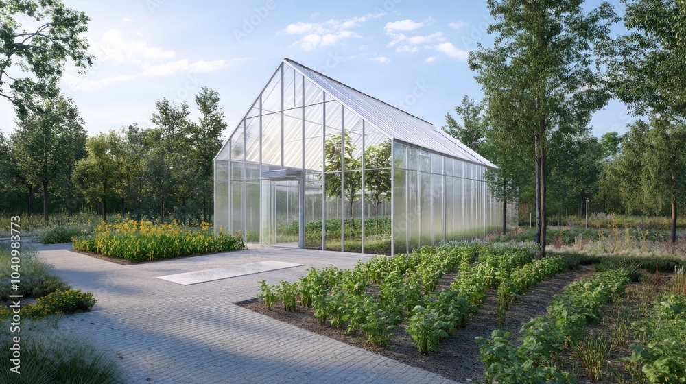 Modern Greenhouse Surrounded by Vibrant Gardens