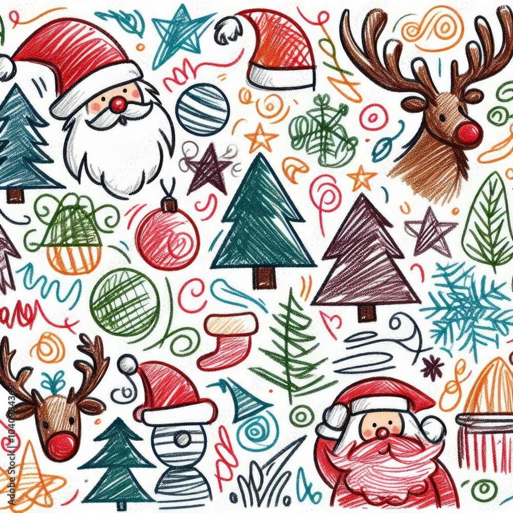 Festive Christmas Doodle with Santa, Reindeer and Holiday Decorations with Generative AI. Festive Christmas Doodle with Santa, Reindeer and Holiday Decorations with Generative AI.