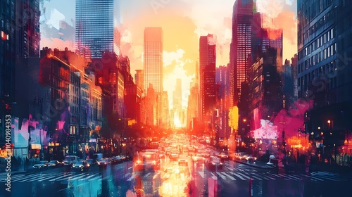 Reflective skyscrapers rise under a soft watercolor sunset, vibrant street art splashes across the lower walls, the city brimming with colorful energy and contrast