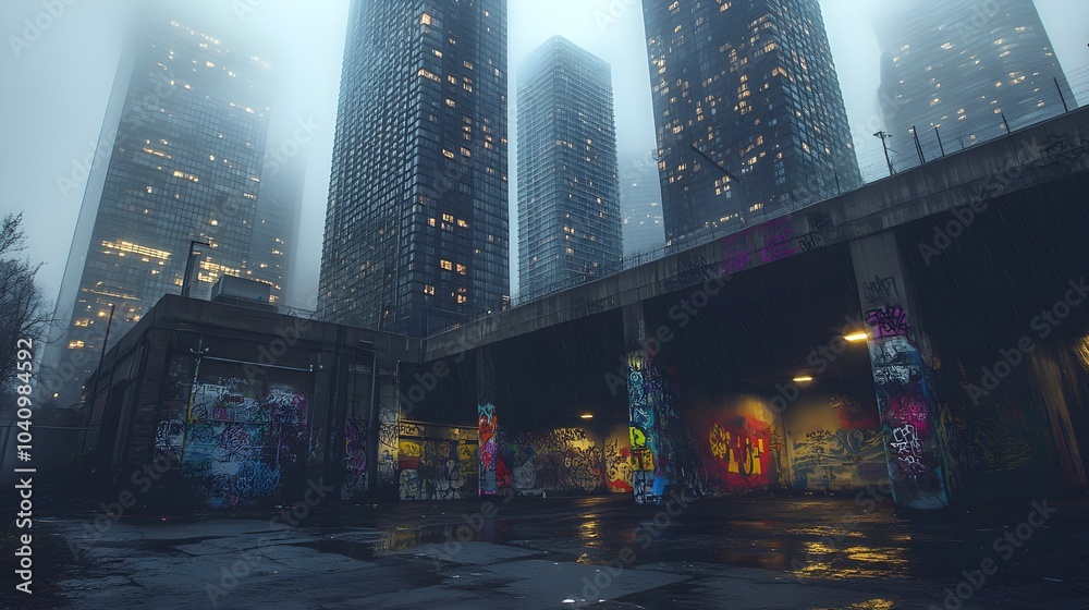 Obraz premium Graffiti murals decorate the foundation of a massive skyscraper, fading into a misty skyline, blending creativity with modern design