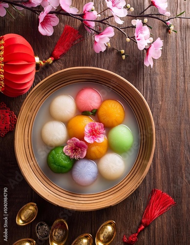 Dongzhi Festival Poster Design with Colorful Tangyuan and Festive Chinese Ornament. Chinese Winter Solstice photo