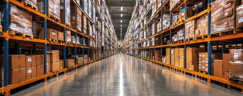 Fototapeta premium Interior view of a modern warehouse with organized shelves and packages.