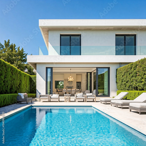 Modern white villa with pool under blue sky