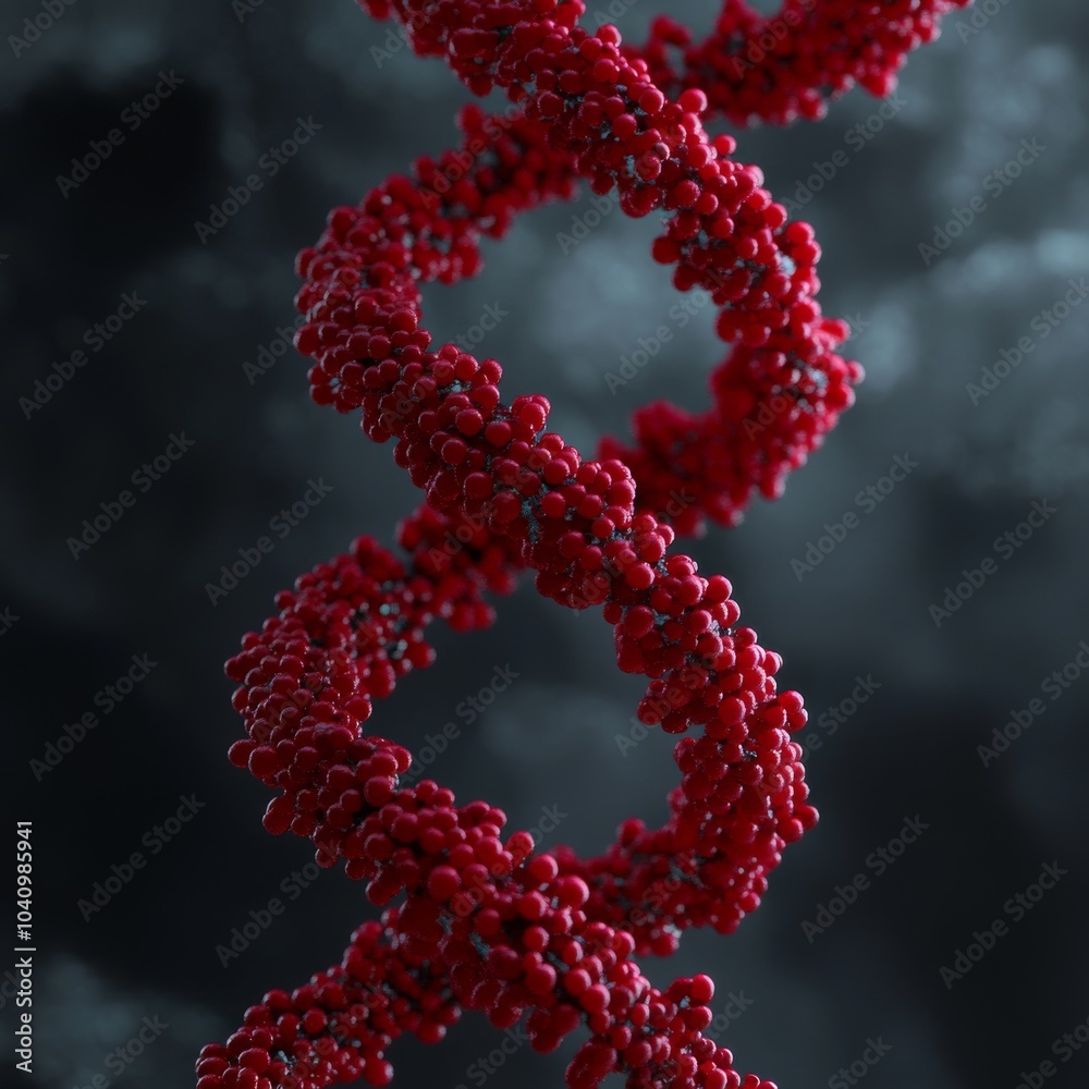 A 3D rendering of a red DNA helix against a dark background.