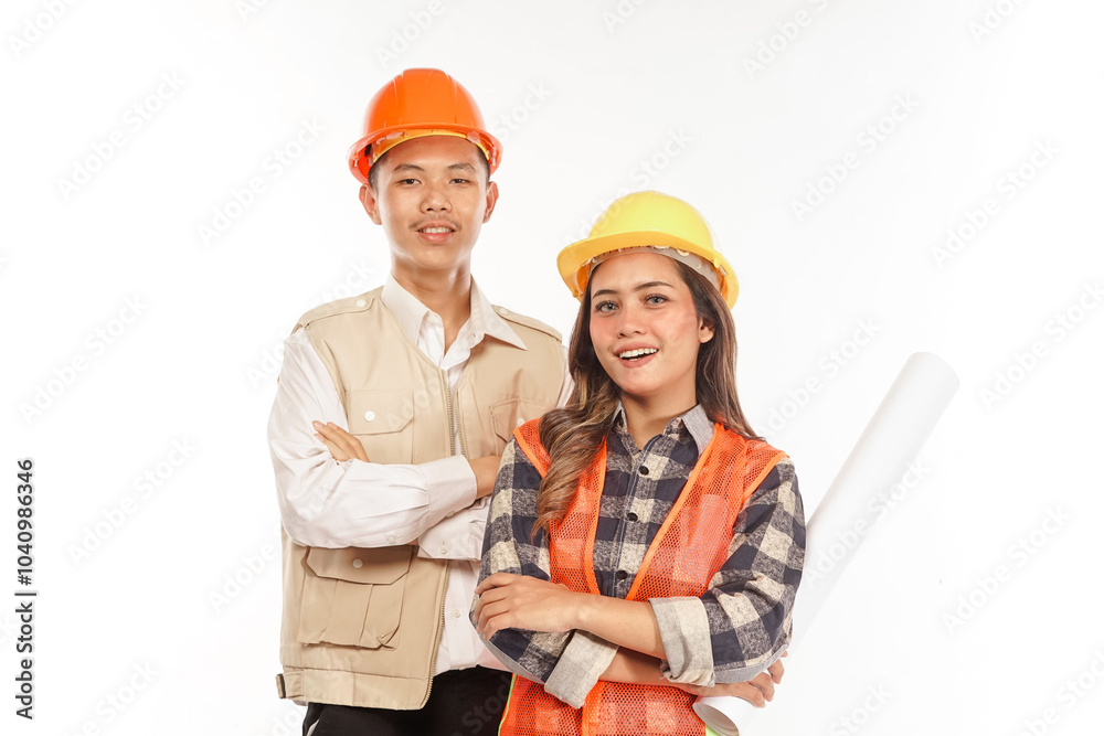 Two architects in hard hat with arm crossed holding roll of paper isolated on white Two architects in hard hat with arm crossed holding roll of paper isolated on white