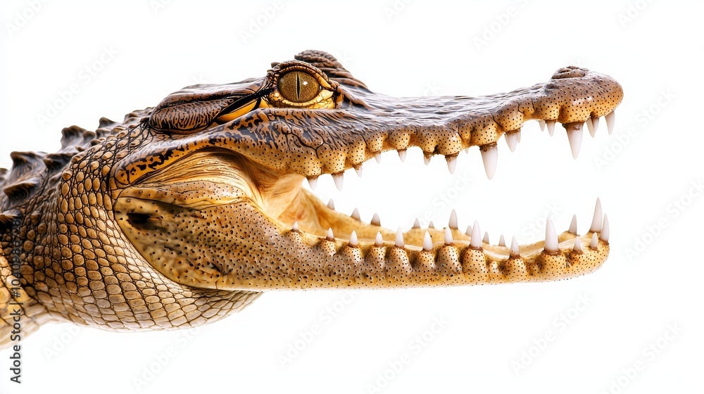Obraz premium Side view of a crocodile's open mouth, emphasizing the sharpness of its teeth and ruggedness of its skin, isolated cleanly on white