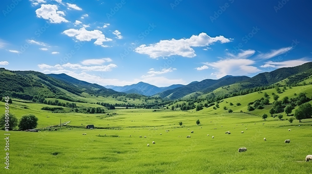 Fototapeta premium Tranquil Valley Landscape with Sheep Grazing
