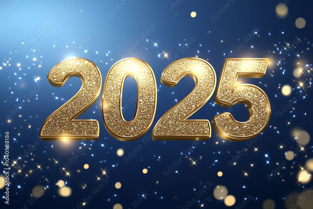 Elegant 2025 New Year Banner with Gold Numbers and Glitter on Blue Background Elegant 2025 New Year Banner with Gold Numbers and Glitter on Blue Background
