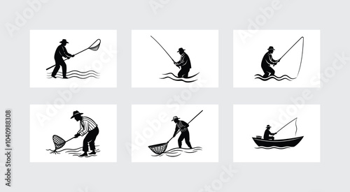 Fisherman Silhouette Set Vector.