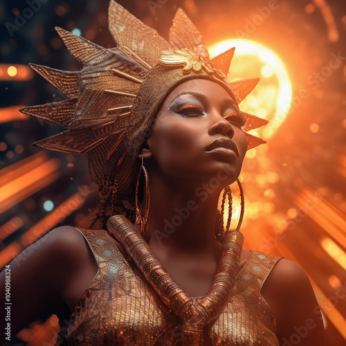 The magnificent African queen radiates power and grace amidst vibrant cosmic backdrop