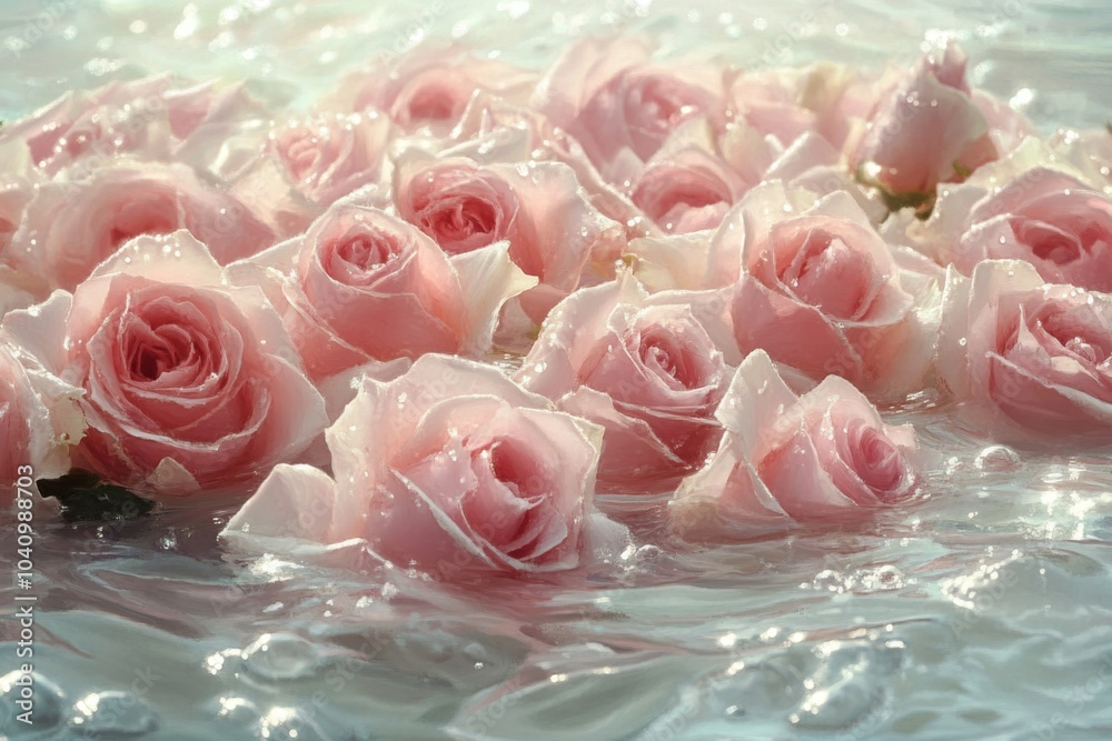 A cluster of pink roses float on a shimmering, clear water surface. A cluster of pink roses float on a shimmering, clear water surface.