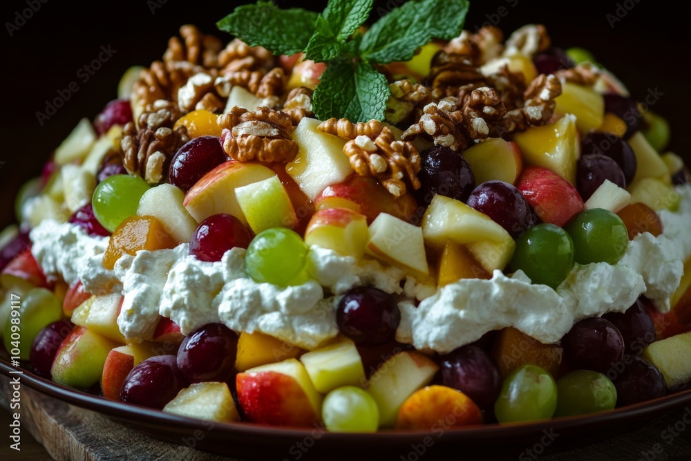 A colorful fruit salad with whipped cream, walnuts, and mint. A colorful fruit salad with whipped cream, walnuts, and mint.
