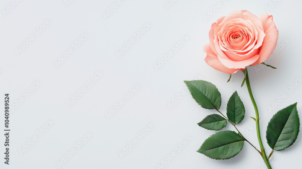 Fototapeta premium Single peach rose with green leaves on a light background.