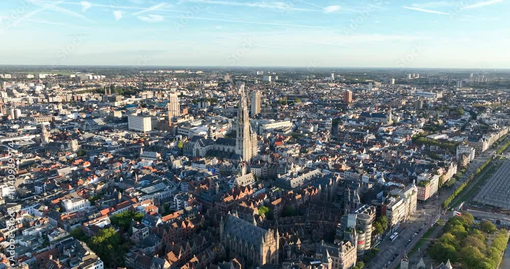 Cathedral in Antwerp, Belgium at sunset.
