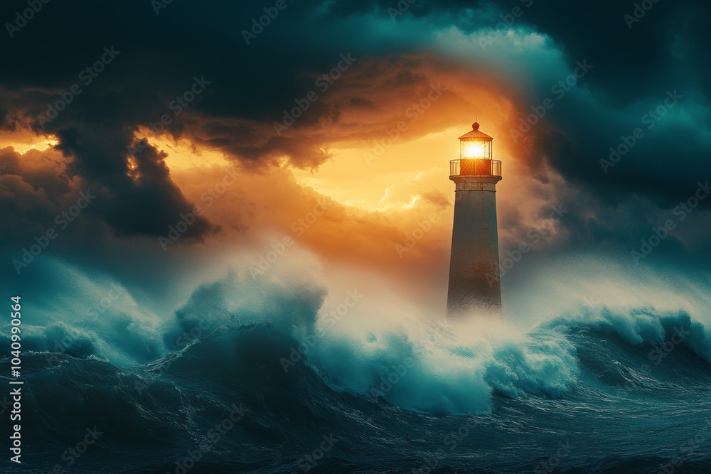 A lighthouse stands tall against a stormy sea, its beacon shining brightly through the dark clouds. A lighthouse stands tall against a stormy sea, its beacon shining brightly through the dark clouds.