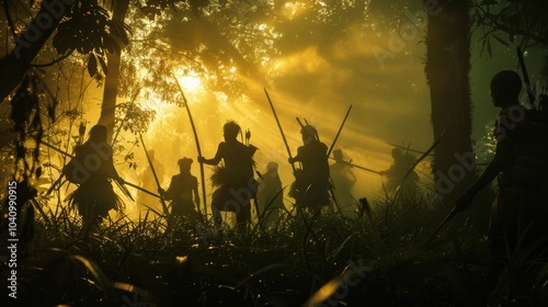 Tribesmen Hunting with Spears in Lush Forest Environment