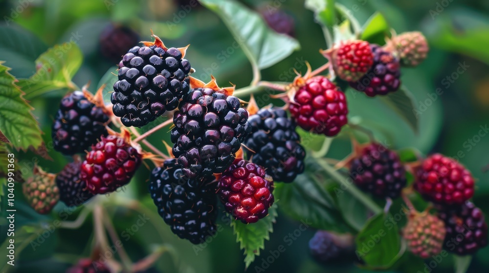 A bunch of blackberries are hanging from a tree A bunch of blackberries are hanging from a tree