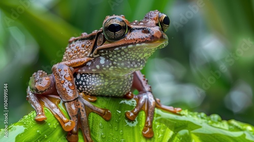 A frog is sitting on a leaf, with its eyes closed photo