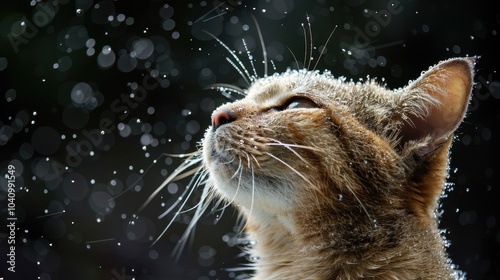 A cat is looking up at the camera with snowflakes in its fur photo