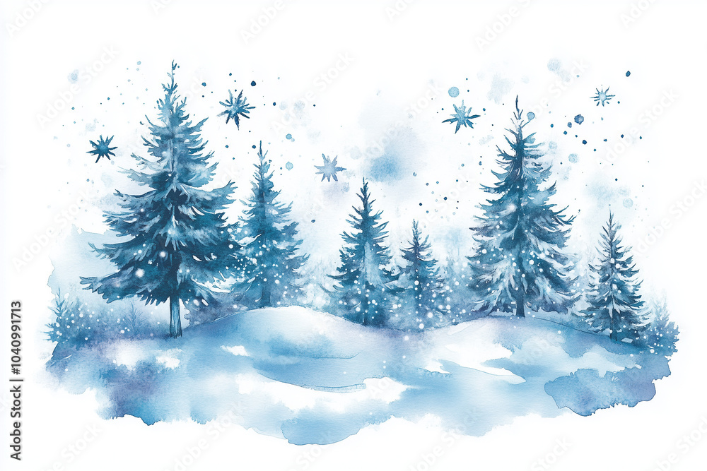 Obraz premium Winter Forest Scene with Snow and Stars, Watercolor Vector Illustration on White Background