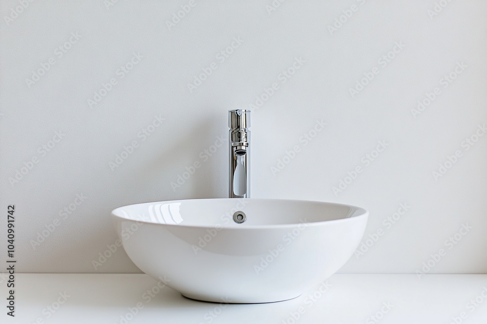A white ceramic sink with a chrome faucet sits on a white countertop A white ceramic sink with a chrome faucet sits on a white countertop