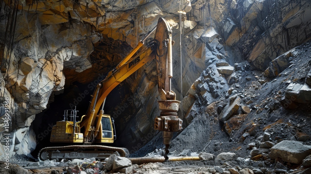 Fototapeta premium A large yellow excavator is in a cave
