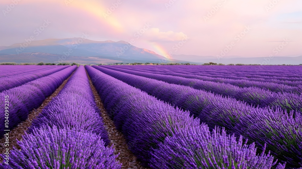 Obraz premium Stunning Violet Lavender Fields with a Vibrant Rainbow Arch in the Distance