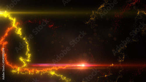 Yellow and Orange Wavy Light Lines Crossing Turbulence Particles and Lens Flares, Widescreen 4K Resolution