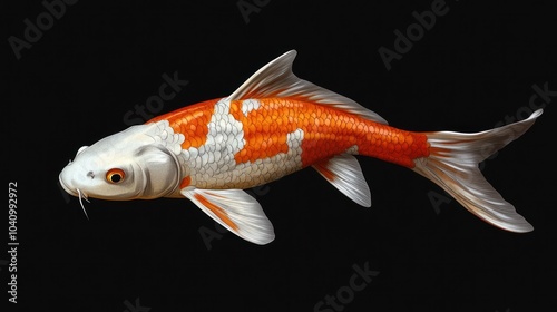 A detailed illustration of a koi fish with orange and white patterns swimming gracefully.