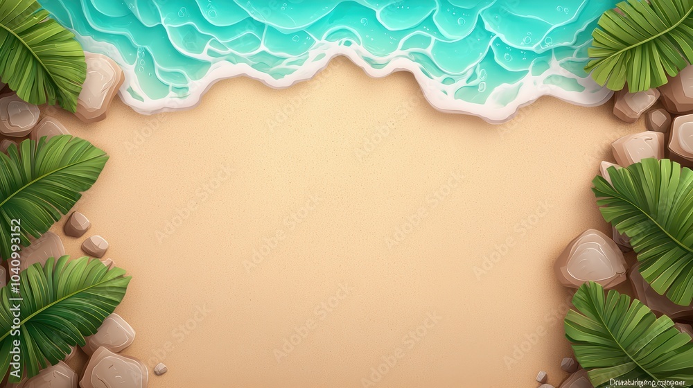 A serene beach scene with gentle waves lapping at the shore, surrounded by lush green leaves and smooth stones on golden sand. A serene beach scene with gentle waves lapping at the shore, surrounded by lush green leaves and smooth stones on golden sand.