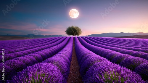 Lavender Rows Glowing Under the Moonlight s Ethereal Illumination photo