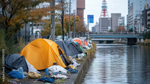 Homeless encampment along canal, showcasing tents and urban surroundings