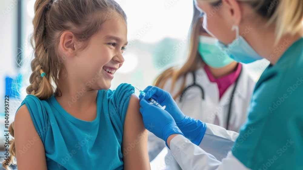 A young girl is getting a shot from a nurse A young girl is getting a shot from a nurse