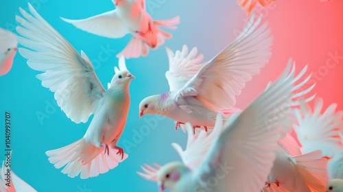 A flock of white birds flying in the sky