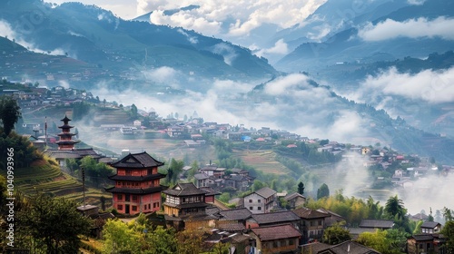 A mountain town with a red building and a pagoda