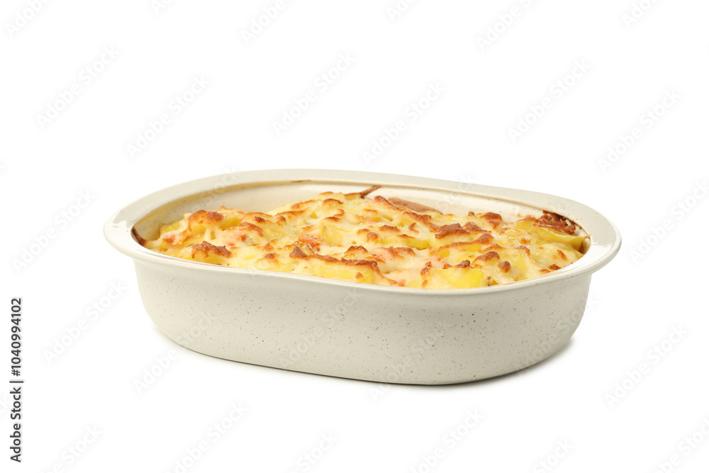Concept of tasty and delicious homemade food - potato casserole, isolated on white background Concept of tasty and delicious homemade food - potato casserole, isolated on white background