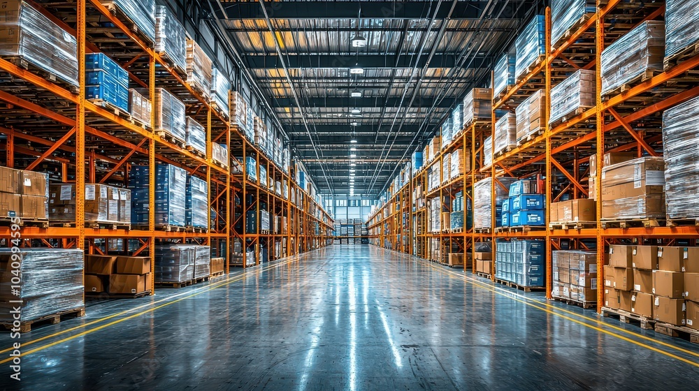 Fototapeta premium Spacious modern warehouse with shelves full of boxed goods, clean and organized interior.