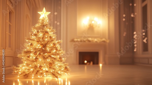 Glowing christmas tree lights, festive decor illuminates a cozy room for the holiday season