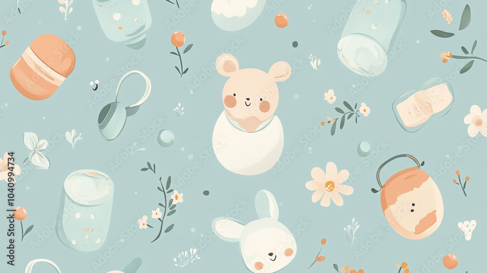 Playful pattern featuring cute animals and whimsical elements on a soft blue background Playful pattern featuring cute animals and whimsical elements on a soft blue background