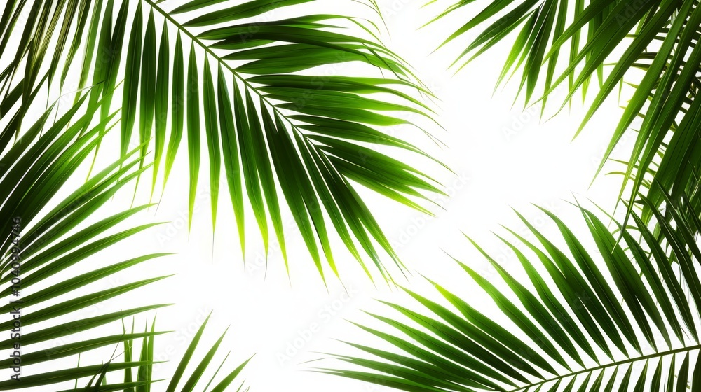 Fototapeta premium Summer vibes highlighted by bright green palm branches against transparency.