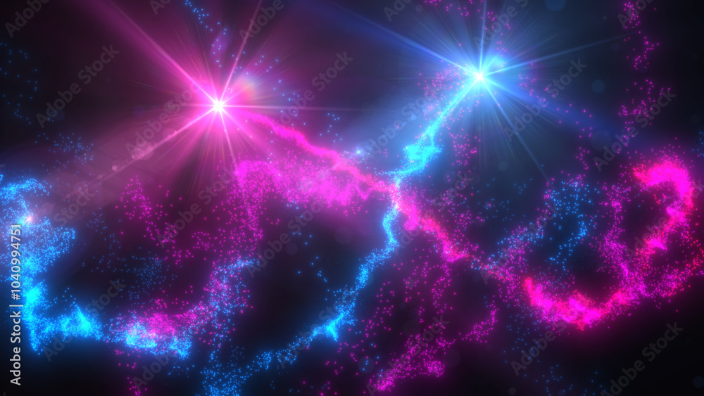Fototapeta premium Blue and Pink Wavy Light Lines Crossing Turbulence Particles and Lens Flares, Widescreen 4K Resolution