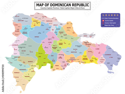 Political map of country with capital, province or state capital, major cities and town.