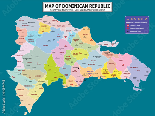 Political map of country with capital, province or state capital, major cities and town.