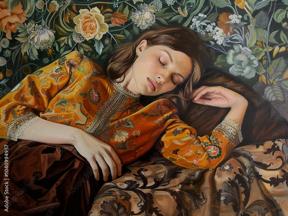 Fototapeta premium Sleeping Beauty in a Floral Dream: A Realistic Portrait Painting