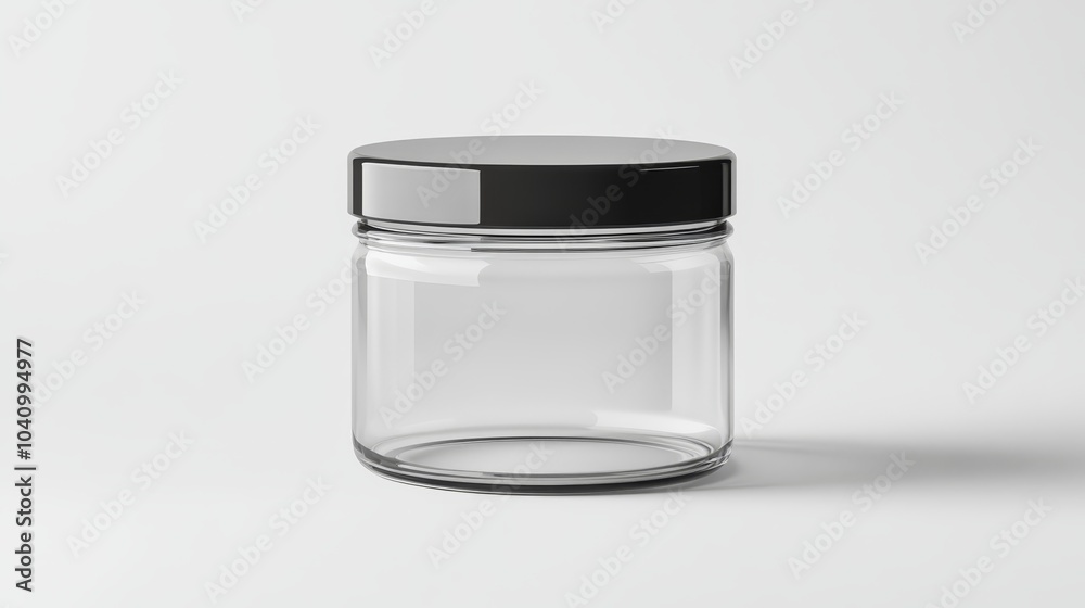 Empty glass jar with black lid, versatile storage solution for kitchen and home organization Empty glass jar with black lid, versatile storage solution for kitchen and home organization