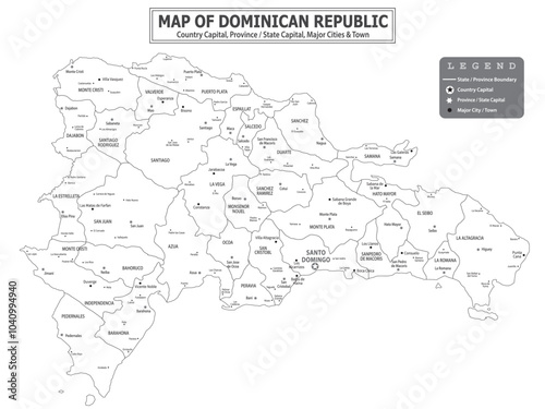 Political map of country with capital, province or state capital, major cities and town.