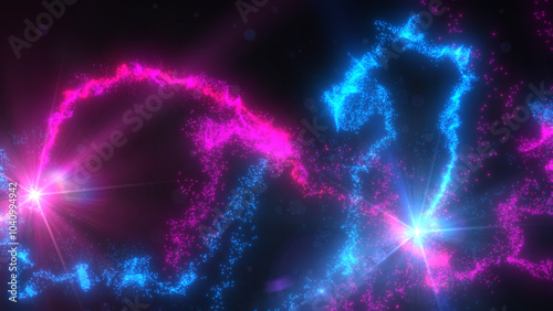 Blue and Pink Wavy Light Lines Crossing Turbulence Particles and Lens Flares, Widescreen 4K Resolution