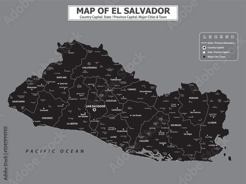 Political map of country with capital, province or state capital, major cities and town.